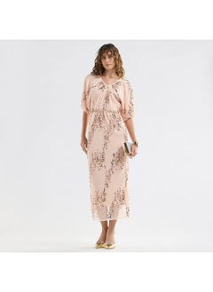 FAV Sequinned Midi Dress with Short Puff Sleeves and V-neck  - Image 2