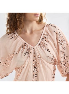 FAV Sequinned Midi Dress with Short Puff Sleeves and V-neck  - Image 4