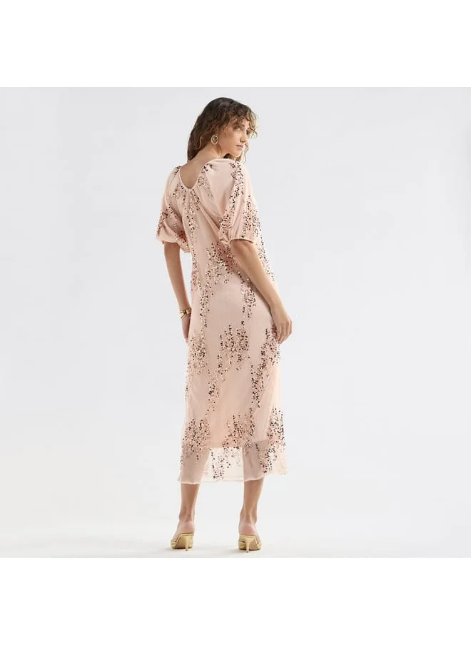 Splash FAV Sequinned Midi Dress with Short Puff Sleeves and V-neck