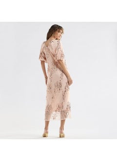 FAV Sequinned Midi Dress with Short Puff Sleeves and V-neck  - Image 3