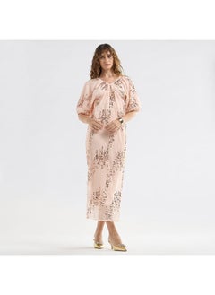 FAV Sequinned Midi Dress with Short Puff Sleeves and V-neck  - Image 1