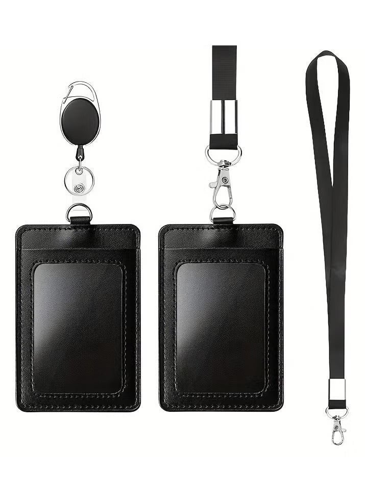 Generic Office Badge Holder, Vertical PU Leather ID Card Holder with 1 Clear Window, Detachable Neck Lanyard Strap, Retractable Reel Holders Set and Pen Case  - Image 1