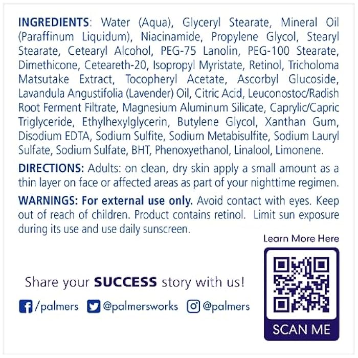 PALMER'S كريم بالمرز سكين سكسيس لمكافحة البقع الداكنة ليلاً مع الريتينول والنياسيناميد، مصحح للبقع الداكنة للوجه، مرطب ليلي يساعد في تقليل البقع الداكنة، والخطوط الدقيقة والتجاعيد، 2.7 أونصة - Image 2
