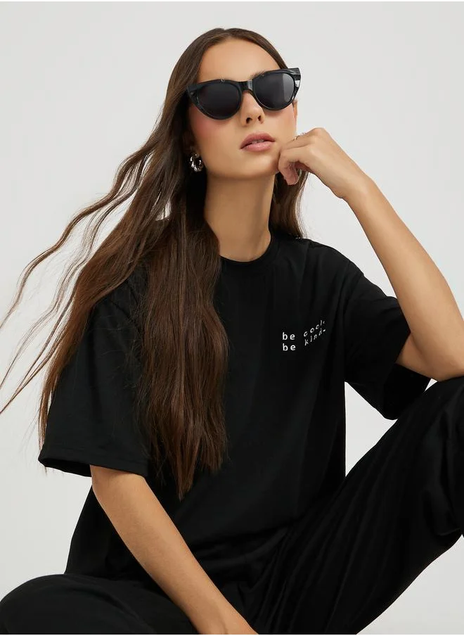 تايك تو Take Two Embroidered Slogan Round Neck T-Shirt and Pants Co-Ords