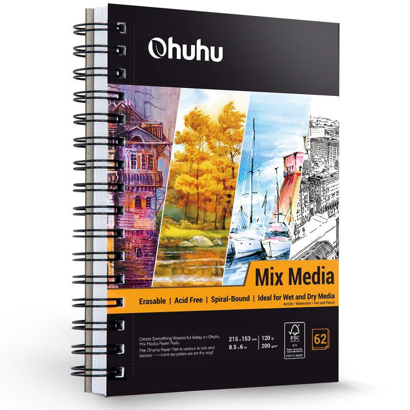 دفتر رسم مختلط Ohuhu 85x6 بوصة 120 رطل 200 جرام ورق ثقيل 62 ورقة 124 صفحة مزود بحلقة لورق الرسم المختلط للرسم بالأكريليك هدية عيد الميلاد