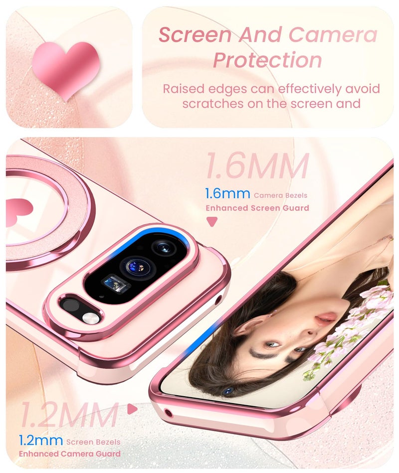 Liufcx for Google Pixel 10/10 Pro Love Heart Kickstand Case with 2X Screen Protector: Luxury Plated Gold Edge Slim Soft TPU Shockproof Protection Case Cover for Pixel 10/10 Pro (Pink) - Image 3