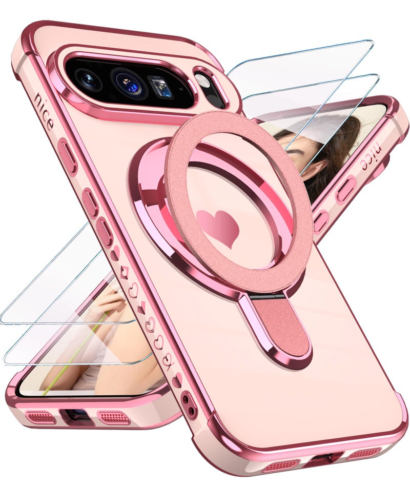 Liufcx for Google Pixel 10/10 Pro Love Heart Kickstand Case with 2X Screen Protector: Luxury Plated Gold Edge Slim Soft TPU Shockproof Protection Case Cover for Pixel 10/10 Pro (Pink) - Image 1