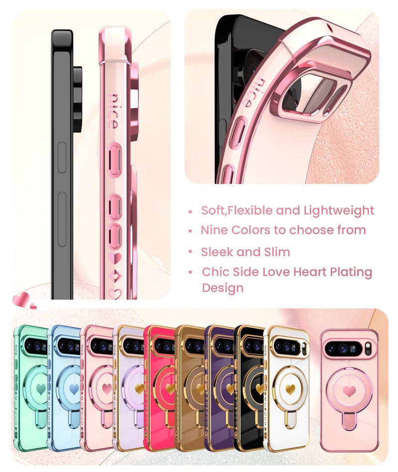 Liufcx for Google Pixel 10/10 Pro Love Heart Kickstand Case with 2X Screen Protector: Luxury Plated Gold Edge Slim Soft TPU Shockproof Protection Case Cover for Pixel 10/10 Pro (Pink) - Image 5