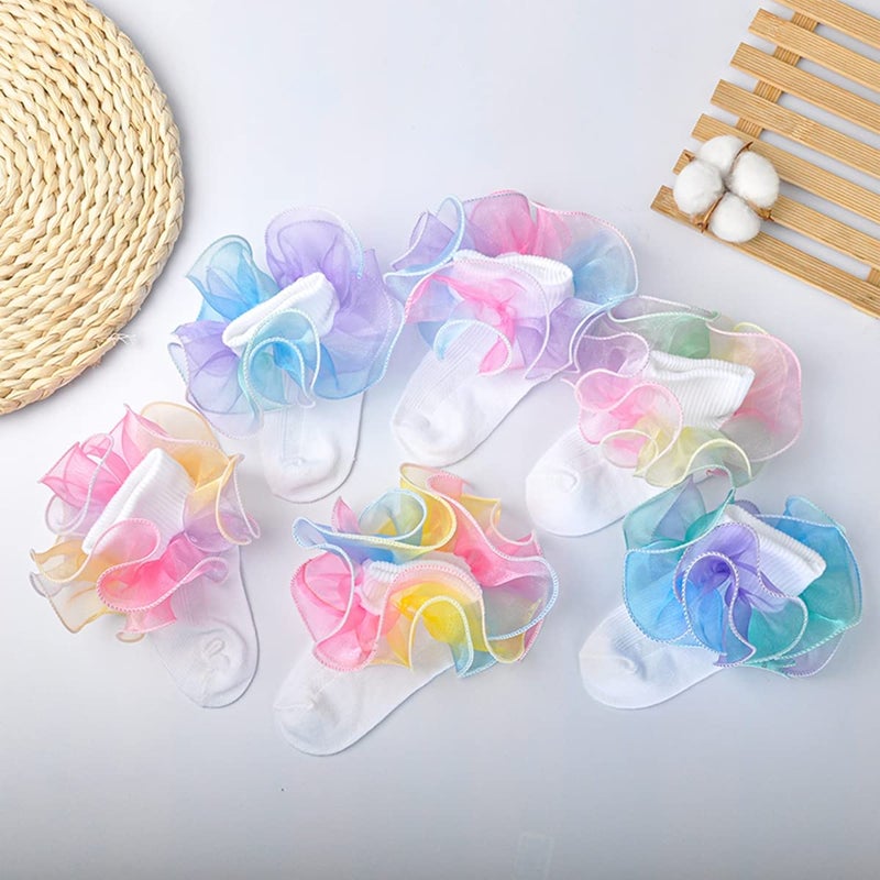 Hopply Toddler Girls Double Lace Socks Turn Cuff Shimmering Big Ruffle Rainbow Style Dress Lace Socks for Infant Kids - Image 2