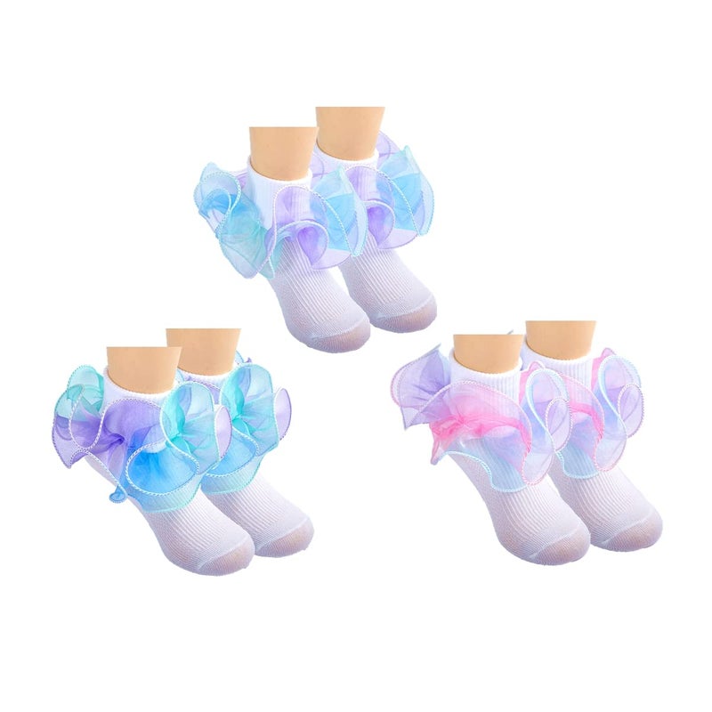 Hopply Toddler Girls Double Lace Socks Turn Cuff Shimmering Big Ruffle Rainbow Style Dress Lace Socks for Infant Kids - Image 1