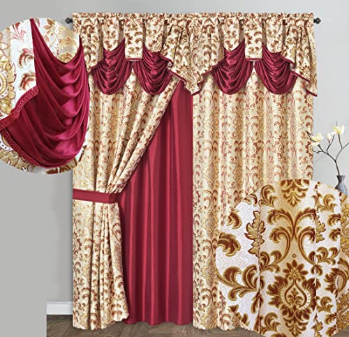 GOHD Golden Ocean Home Decor GOHD Samba Star Jacquard Window Curtain Panel Drape with Attached Fancy Valance and Taffeta Backing 2pcs Set Each pc 54 Wide x 90 Drop with 18 Valance Burgundy