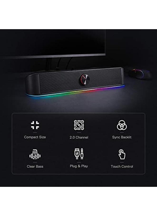 REDRAGON - Gs560 Adiemus Rgb Desktop Soundbar 2.0 Channel Computer Speaker With Dynamic Lighting Bar Audio Light Sync Display Touch Control Backlit With Volume Knob Usb Powered W 3.5Mm Cable - Image 1