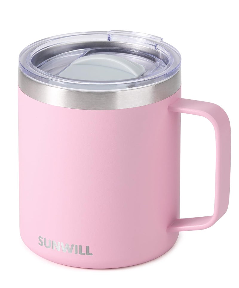 SUNWILL Insulated Coffee Mug with Lid Travel Tumbler Reusable 14 oz Stainless Steel Cup for Camping Office Home Powder Coated Sakura