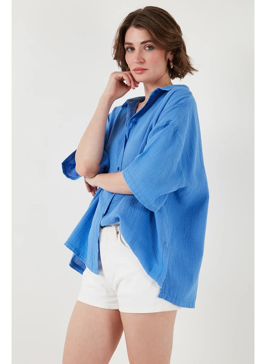 Lela Cotton Regular Fit Slit Short Sleeve Shirt Women's Shirt CF25S166965