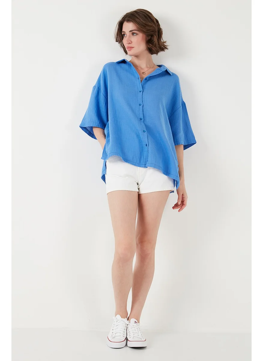 Lela Cotton Regular Fit Slit Short Sleeve Shirt Women's Shirt CF25S166965
