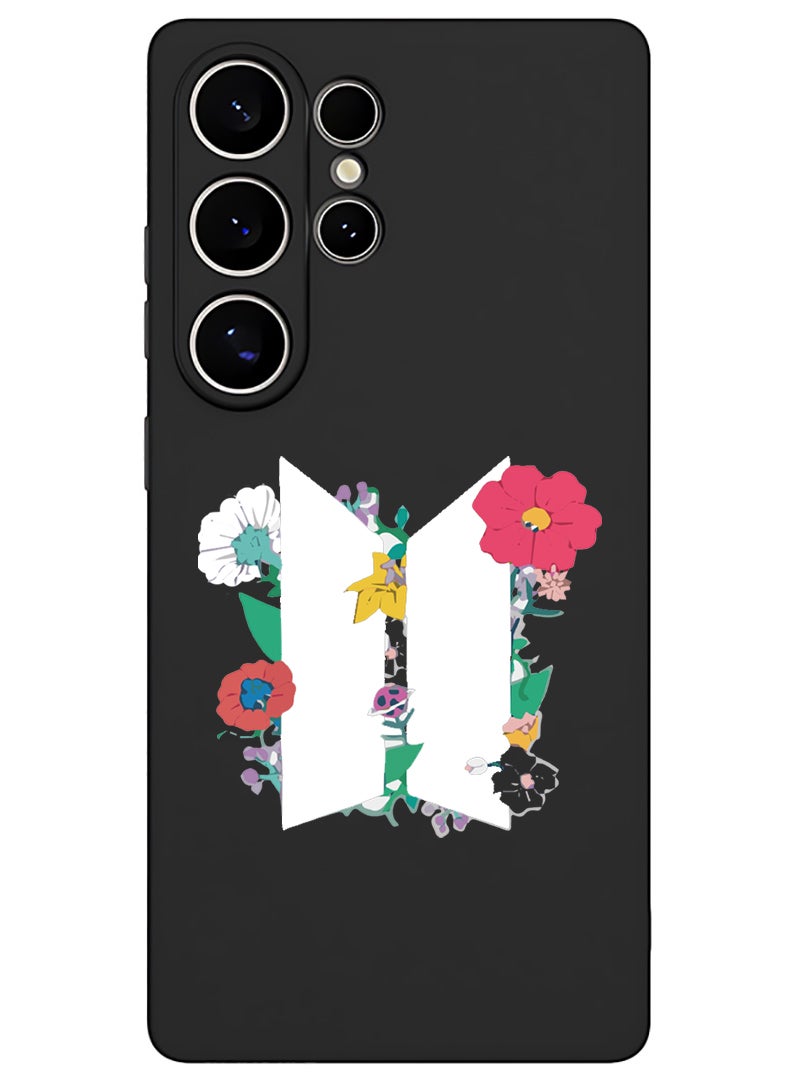 Theodor Protective Slim Fit Case Liquid Silicone Cover with Full Body Protection Anti-Scratch Shockproof Case For Samsung Galaxy S25 Ultra (Black) - BTS floral White - Image 1