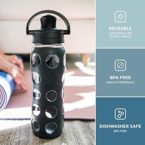 Lifefactory 22-Ounce Active Flip Cap Glass Water Bottle, 22oz, Carbon - Image 2