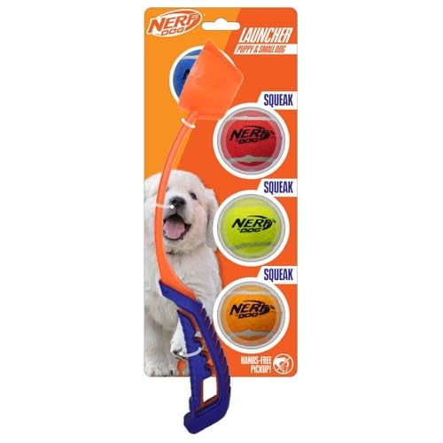 Nerf Dog 5Piece Dog Toy Gift Set Includes 13in Air Strike Launcher and 2in Squeak Tennis Ball 4Pack Nerf Tough Material Multicolored - Image 1