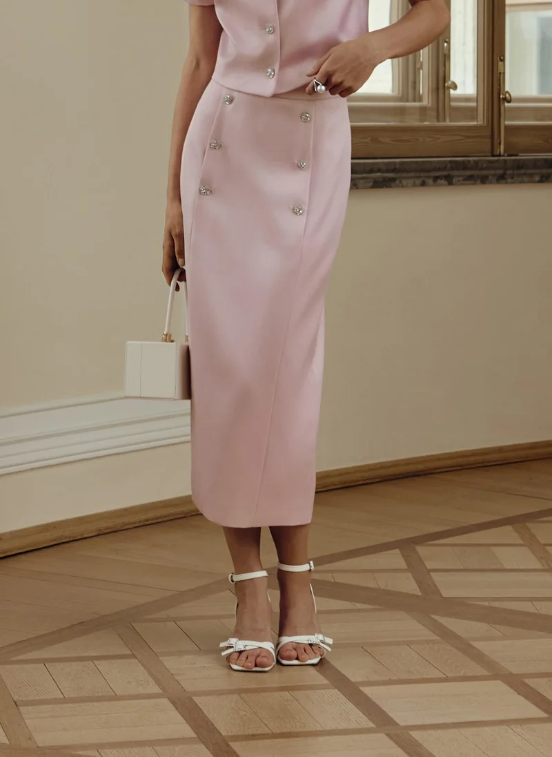 Lichi Straight midi skirt with rhinestone buttons
