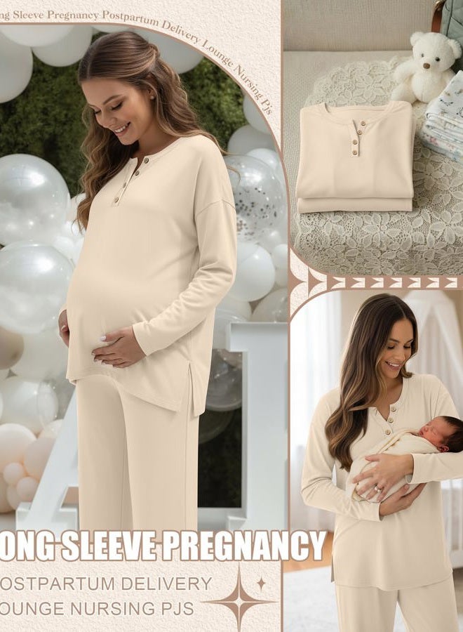 Yearntown Women's Maternity Pajamas Sets, Long Sleeve Pregnancy Postpartum Delivery Lounge Nursing Pjs with Pockets, Apricot, XL - Image 2