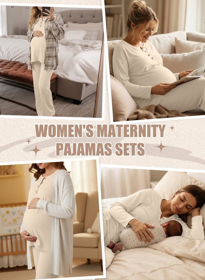 Yearntown Women's Maternity Pajamas Sets, Long Sleeve Pregnancy Postpartum Delivery Lounge Nursing Pjs with Pockets, Apricot, XL - Image 3