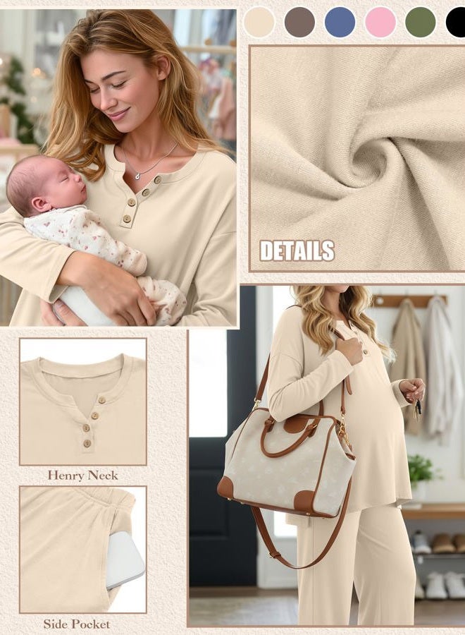 Yearntown Women's Maternity Pajamas Sets, Long Sleeve Pregnancy Postpartum Delivery Lounge Nursing Pjs with Pockets, Apricot, XL - Image 4