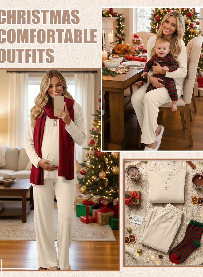 Yearntown Women's Maternity Pajamas Sets, Long Sleeve Pregnancy Postpartum Delivery Lounge Nursing Pjs with Pockets, Apricot, XL - Image 5