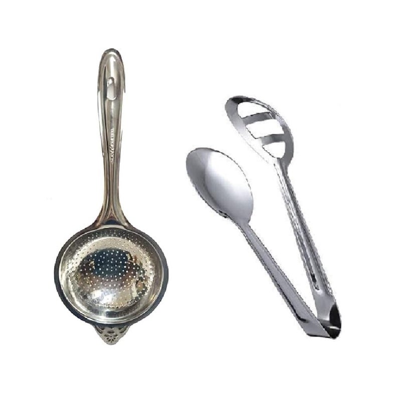 Dynore Stainless Steel Salad Tong and Stainless Steel Green Tea Filter/Coffee mesh/Loose Leaves Green Tea Filter/Unique Poha Strainer, 23.5 Centimeters - Image 1