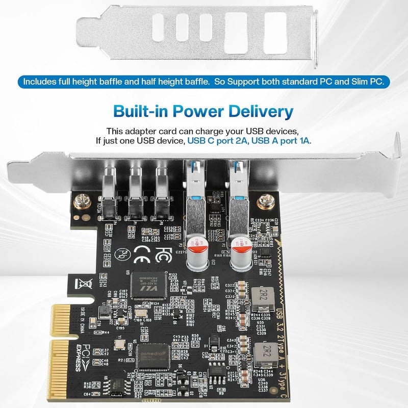 Jorkar PCIe to USB C/A 3.2/3.1 Gen 2 Expansion Card, USB-C PCIe Card for PC Internal Hub, PCI-E Add-On Adapter Host Controller, 5 Ports (3X Type C - 2X Type A) 10+10Gbps - Image 4
