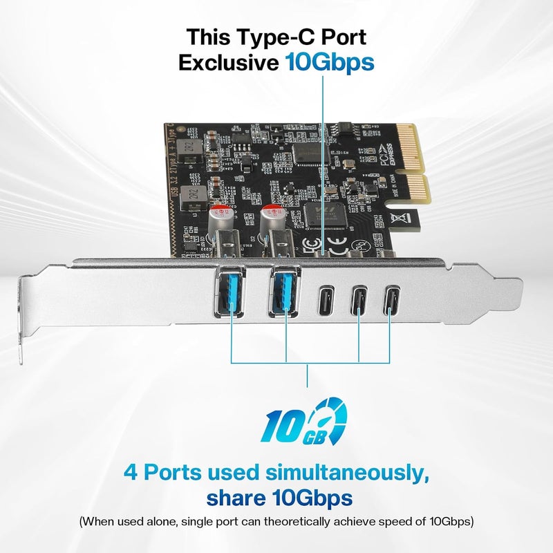 Jorkar PCIe to USB C/A 3.2/3.1 Gen 2 Expansion Card, USB-C PCIe Card for PC Internal Hub, PCI-E Add-On Adapter Host Controller, 5 Ports (3X Type C - 2X Type A) 10+10Gbps - Image 2