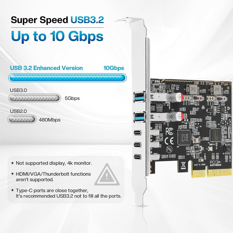 Jorkar PCIe to USB C/A 3.2/3.1 Gen 2 Expansion Card, USB-C PCIe Card for PC Internal Hub, PCI-E Add-On Adapter Host Controller, 5 Ports (3X Type C - 2X Type A) 10+10Gbps - Image 5