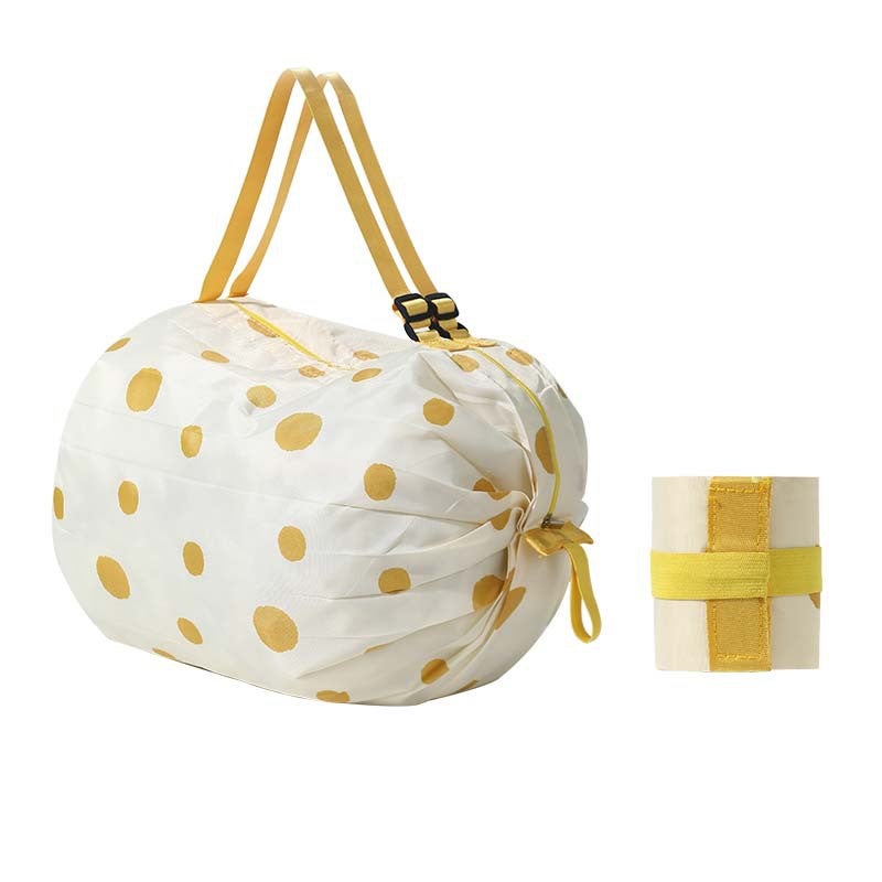Foldable Shopping Bag Travel Shoulder Portable Large Shopping Tote Bag Food Shopping Bag Storage Bag Yellow polka dots 