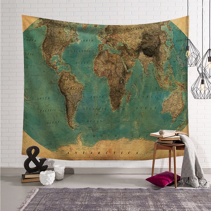 1Pc Household Tapestry World Map Pattern Bedroom Tapestry Fashion Outdoor Beach Towel Protective Throw Rug Wall Hanging Shower Curtain (Green) - Image 1