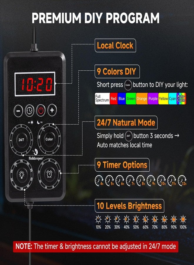 fishkeeper Smart LED Aquarium Light with One-Button Real-Time Sync, 24/7 Mode Full Spectrum Fish Tank Lights, 9 Colors DIY, 9 Timer, 10 Brightness IP68 Waterproof Aquarium Plant Light for 24-32 inch - Image 2