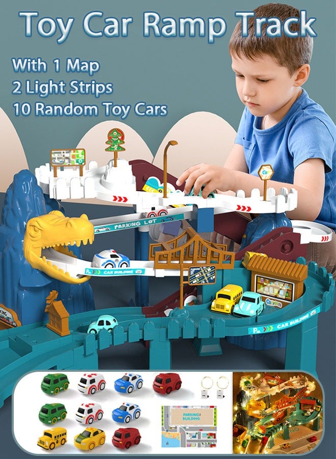 Toy Car Ramp Track, Dinosaur Climbing Hills Railcar Colorful Vehicles Construction Play Set with 10 Mini Racer Cars and 2 LED Light Strips, Kids Toys Mountain Track, Small Car for Kids Track for Pre - Image 1