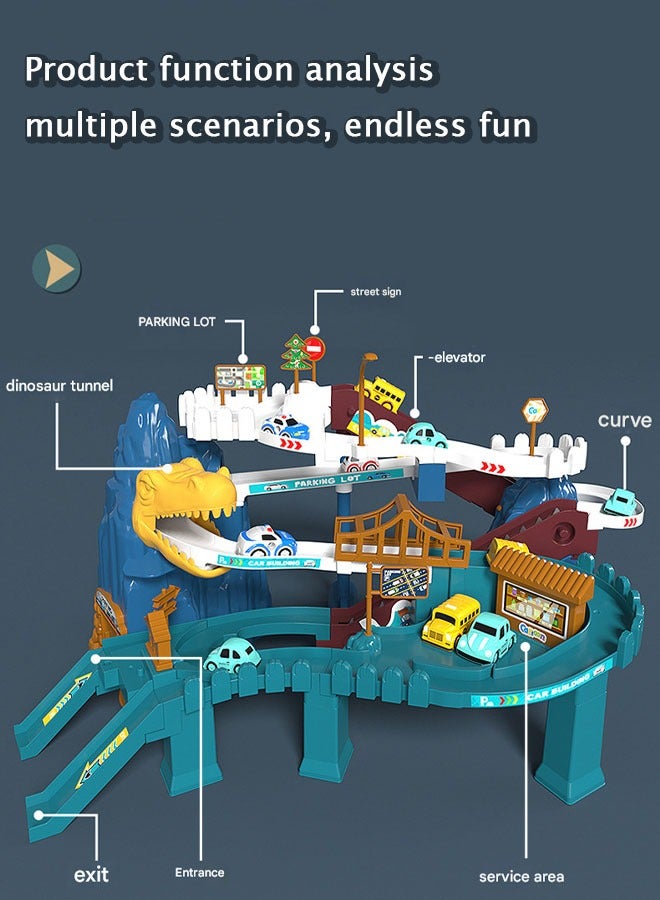 Toy Car Ramp Track, Dinosaur Climbing Hills Railcar Colorful Vehicles Construction Play Set with 10 Mini Racer Cars and 2 LED Light Strips, Kids Toys Mountain Track, Small Car for Kids Track for Pre - Image 3