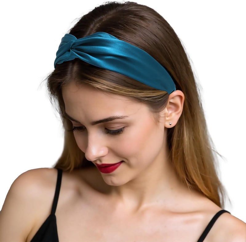 ZLYC Mulberry Silk Headband Elastic Twist Knotted Head Bands for Womens HairSolid Mineral BlueOne Size