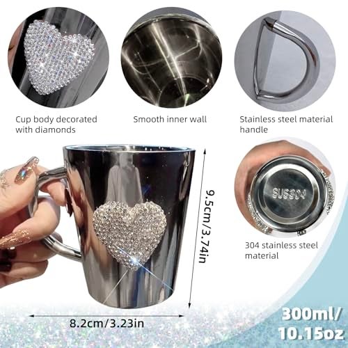 YINXIANJIN Heart-Shaped Crystal Rhinestone Stainless Steel Coffee Mug, Small Camping Mugs with Handle Durable and Reuseable Mug Cup for Water,Iced Coffee,Milk,Tea,Juice - Image 4
