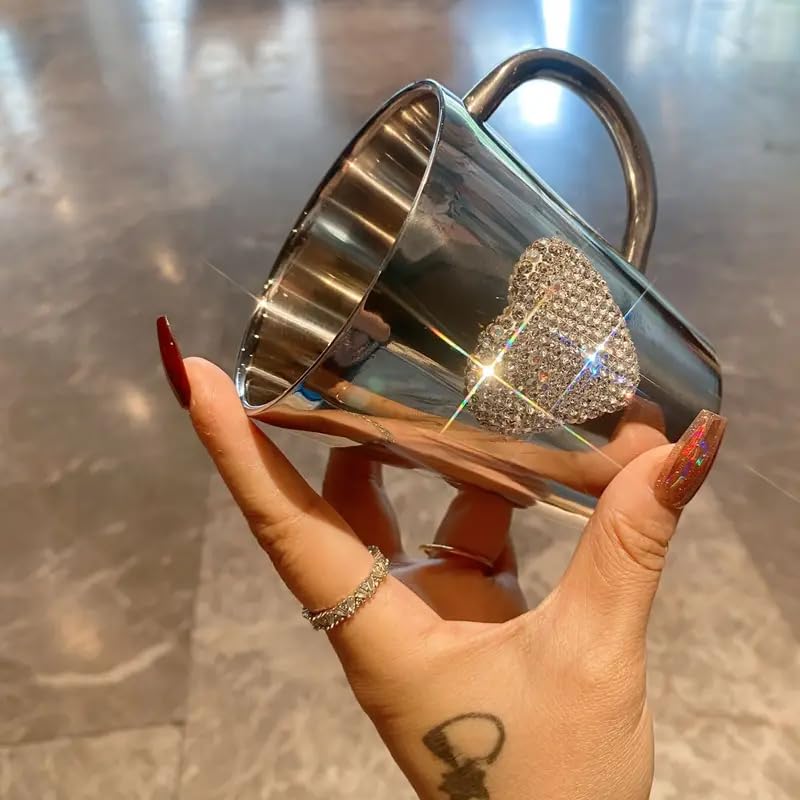 YINXIANJIN Heart-Shaped Crystal Rhinestone Stainless Steel Coffee Mug, Small Camping Mugs with Handle Durable and Reuseable Mug Cup for Water,Iced Coffee,Milk,Tea,Juice - Image 3