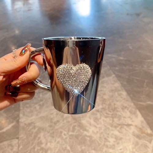 YINXIANJIN Heart-Shaped Crystal Rhinestone Stainless Steel Coffee Mug, Small Camping Mugs with Handle Durable and Reuseable Mug Cup for Water,Iced Coffee,Milk,Tea,Juice - Image 1