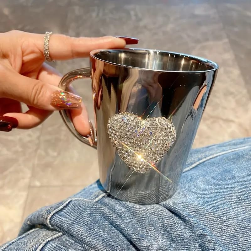 YINXIANJIN Heart-Shaped Crystal Rhinestone Stainless Steel Coffee Mug, Small Camping Mugs with Handle Durable and Reuseable Mug Cup for Water,Iced Coffee,Milk,Tea,Juice - Image 2