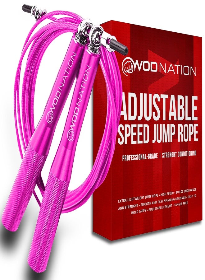WOD نايشون حبل قفز قابل للتعديل من WOD Nation - حبل ألومنيوم سريع الدوران 360 درجة - مقابض متينة من سبائك الفولاذ للياقة البدنية - طول قابل للتعديل 10 أقدام لتمارين الملاكمة - وردي، من سبائك الفولاذ - Image 1