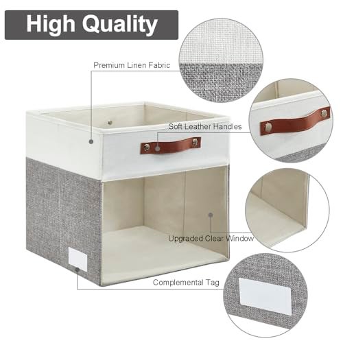Bagnizer Storage Cubes, 4 Pack Linen Foldable Storage Bins (13 x 13 inch) with Clear Window and Handles, Fabric Organizer for Shelf Closet, Clothes, Books - (Gray and White) - Image 4