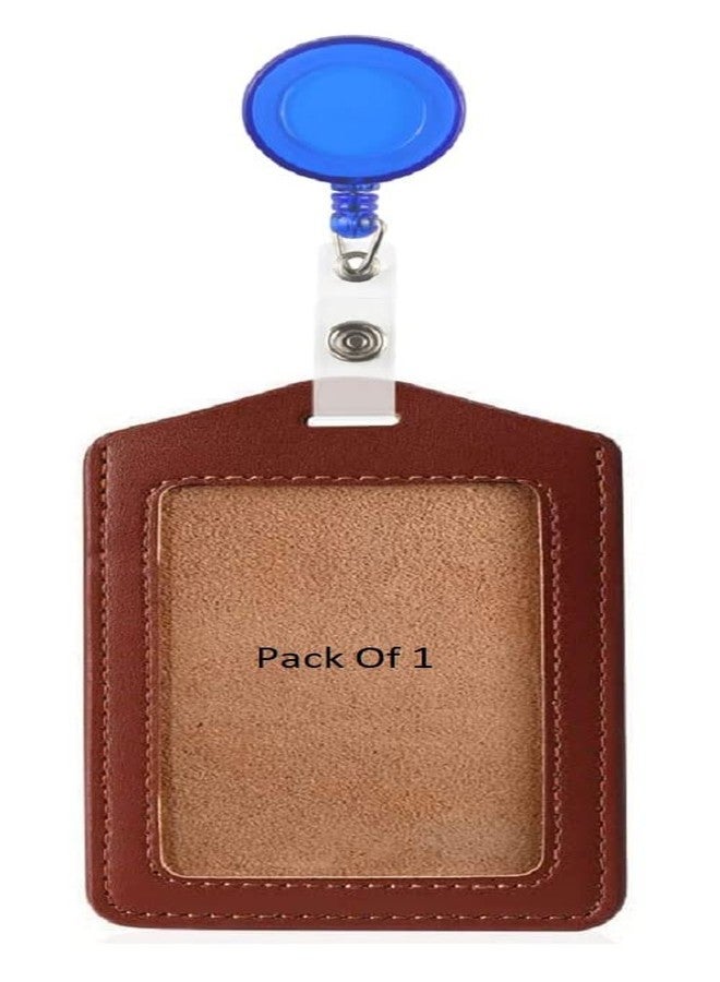 Shining Zon Leather Clear Window ID Badge Holder Vertical ID Card Holder with Retractable Round Reel Pulley Yoyo Clip (Set of 1 Card Holder, 1 yoyo Clip) - Image 1