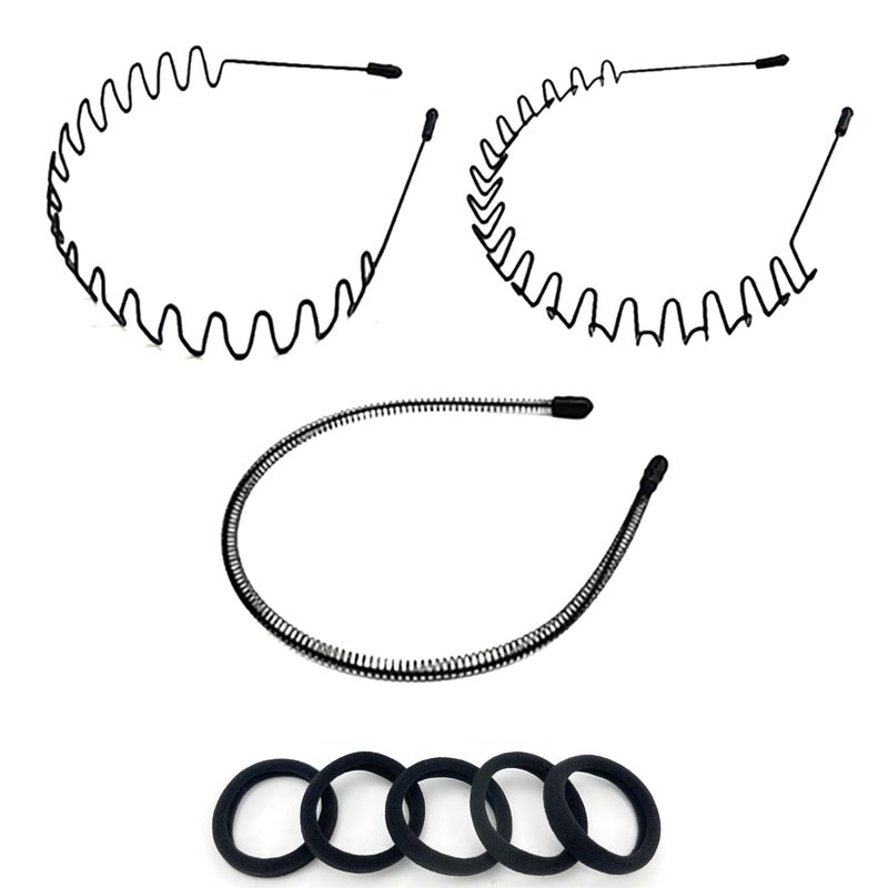 LERNOU Metal Men Headbands Women Hair Bands Unisex Black Wavy Spring And Summer Outdoor Sports Headbands Fashion Simple Elastic Non Slip Hair Accessories 3pcs
