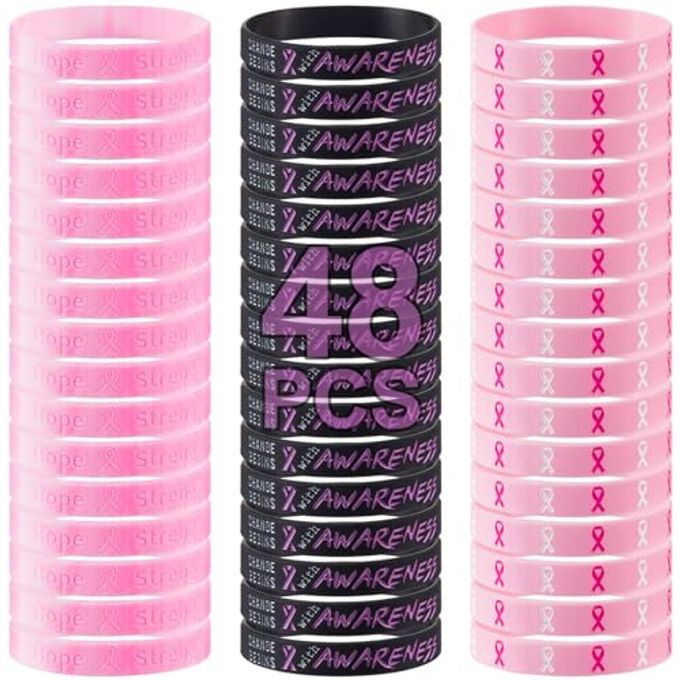 Biubee 48Pcs Breast Cancer Awareness Accessories Bracelets Pink Ribbon Silicone Courage Wristbands for Breast Cancer Awareness Party Supplies Favors Women Survivor Gifts - Image 1
