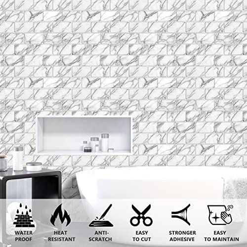 URCOLOR 10-Sheet backsplash Tile for Kitchen Peel and Stick,12"x12" Self Adhesive Subway Wall Tiles Stick on Back Splashes for Bathroom White Marble - Image 3