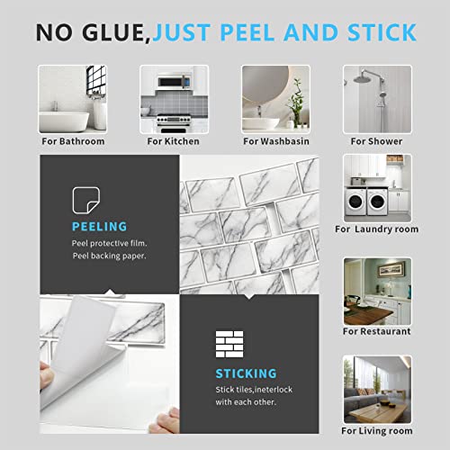 URCOLOR 10-Sheet backsplash Tile for Kitchen Peel and Stick,12"x12" Self Adhesive Subway Wall Tiles Stick on Back Splashes for Bathroom White Marble - Image 4