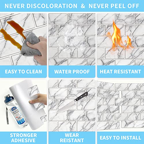URCOLOR 10-Sheet backsplash Tile for Kitchen Peel and Stick,12"x12" Self Adhesive Subway Wall Tiles Stick on Back Splashes for Bathroom White Marble - Image 5