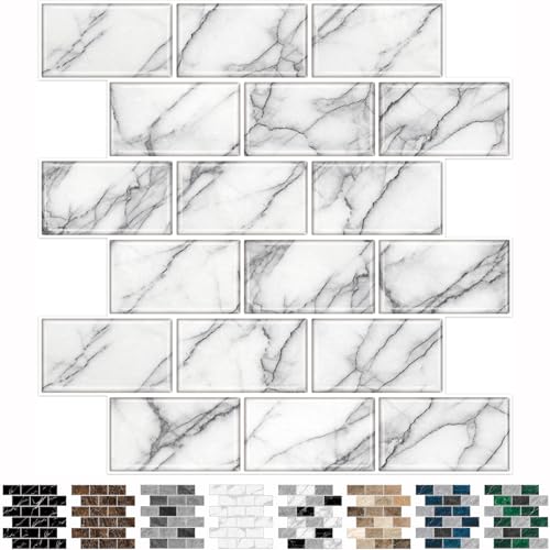 URCOLOR 10-Sheet backsplash Tile for Kitchen Peel and Stick,12"x12" Self Adhesive Subway Wall Tiles Stick on Back Splashes for Bathroom White Marble - Image 1